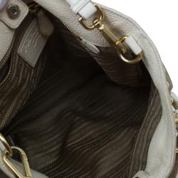 Pre Owned Prada White/Beige  Canvas Jacquard Logo Studded Top Handle Bag