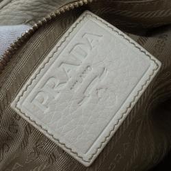 Pre Owned Prada White/Beige  Canvas Jacquard Logo Studded Top Handle Bag