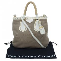 Pre Owned Prada White/Beige  Canvas Jacquard Logo Studded Top Handle Bag
