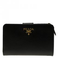 Pre Owned Prada Black Saffiano Leather Zip Around Compact Wallet