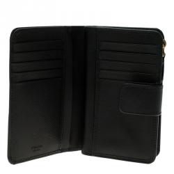 Pre Owned Prada Black Saffiano Leather Zip Around Compact Wallet