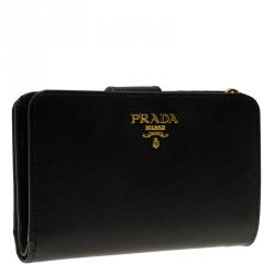 Pre Owned Prada Black Saffiano Leather Zip Around Compact Wallet