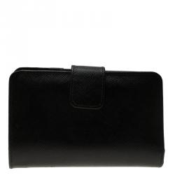 Pre Owned Prada Black Saffiano Leather Zip Around Compact Wallet