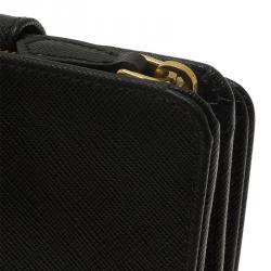 Pre Owned Prada Black Saffiano Leather Zip Around Compact Wallet