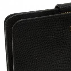 Pre Owned Prada Black Saffiano Leather Zip Around Compact Wallet
