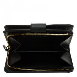 Pre Owned Prada Black Saffiano Leather Zip Around Compact Wallet