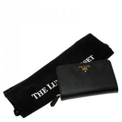 Pre Owned Prada Black Saffiano Leather Zip Around Compact Wallet