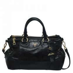 Pre Owned Prada Black Glazed Leather Double Zip Top Handle Bag