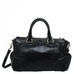 Pre Owned Prada Black Glazed Leather Double Zip Top Handle Bag