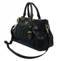 Pre Owned Prada Black Glazed Leather Double Zip Top Handle Bag