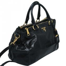 Pre Owned Prada Black Glazed Leather Double Zip Top Handle Bag