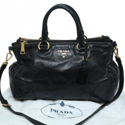 Pre Owned Prada Black Glazed Leather Double Zip Top Handle Bag