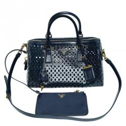 Pre Owned Prada Navy Blue Perforated Saffiano Leather Bauletto Satchel