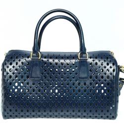 Pre Owned Prada Navy Blue Perforated Saffiano Leather Bauletto Satchel