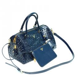 Pre Owned Prada Navy Blue Perforated Saffiano Leather Bauletto Satchel