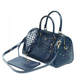 Pre Owned Prada Navy Blue Perforated Saffiano Leather Bauletto Satchel