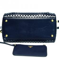 Pre Owned Prada Navy Blue Perforated Saffiano Leather Bauletto Satchel