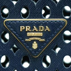 Pre Owned Prada Navy Blue Perforated Saffiano Leather Bauletto Satchel