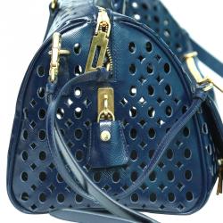 Pre Owned Prada Navy Blue Perforated Saffiano Leather Bauletto Satchel