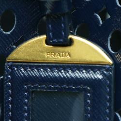 Pre Owned Prada Navy Blue Perforated Saffiano Leather Bauletto Satchel