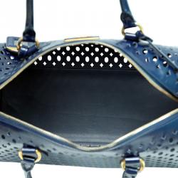 Pre Owned Prada Navy Blue Perforated Saffiano Leather Bauletto Satchel