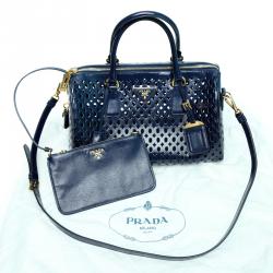 Pre Owned Prada Navy Blue Perforated Saffiano Leather Bauletto Satchel