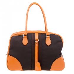 Prada Bi Color Leather and Canvas Bowling Bag