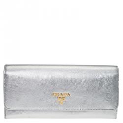 Pre Owned Prada Silver Saffiano Leather Continental Wallet