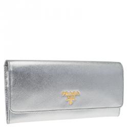 Pre Owned Prada Silver Saffiano Leather Continental Wallet