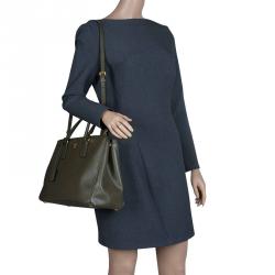 Pre Owned Prada Military Green Saffiano Lux Leather Medium Double Zip Tote