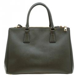 Pre Owned Prada Military Green Saffiano Lux Leather Medium Double Zip Tote