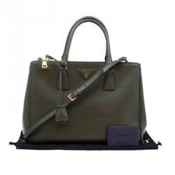 Pre Owned Prada Military Green Saffiano Lux Leather Medium Double Zip Tote