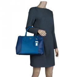 Pre Owned Prada Blue Bicolor Saffiano Lux Leather Medium Double Zip Tote