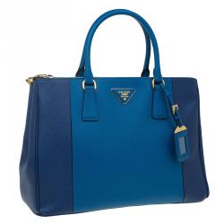 Pre Owned Prada Blue Bicolor Saffiano Lux Leather Medium Double Zip Tote