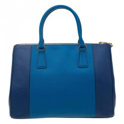 Pre Owned Prada Blue Bicolor Saffiano Lux Leather Medium Double Zip Tote