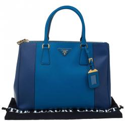 Pre Owned Prada Blue Bicolor Saffiano Lux Leather Medium Double Zip Tote