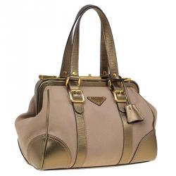 Pre Owned Prada Beige/Bronze Canvas and Saffiano Leather Doctor Bag