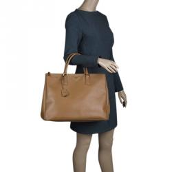Pre Owned Prada Brown Saffiano Lux Leather Double Zip Executive Tote
