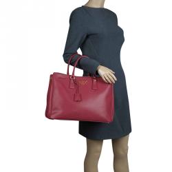 Pre Owned Prada Red Saffiano Lux Leather Large Double Zip Tote