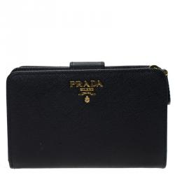 Pre Owned Prada Black Saffiano Leather Zip Around Compact Wallet