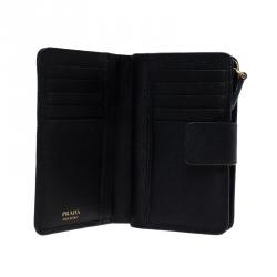 Pre Owned Prada Black Saffiano Leather Zip Around Compact Wallet