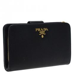 Pre Owned Prada Black Saffiano Leather Zip Around Compact Wallet