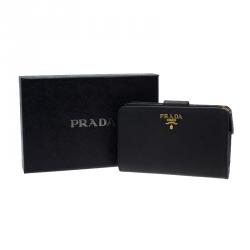 Pre Owned Prada Black Saffiano Leather Zip Around Compact Wallet