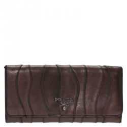 Pre Owned Prada Metallic Brown Wave Leather Flap Continental Wallet