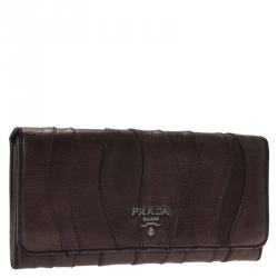 Pre Owned Prada Metallic Brown Wave Leather Flap Continental Wallet