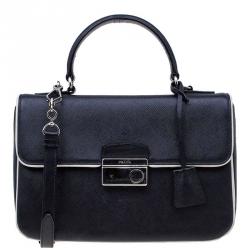 Pre Owned Prada Black Saffiano Lux Leather Small Sound Flap Bag