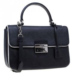 Pre Owned Prada Black Saffiano Lux Leather Small Sound Flap Bag