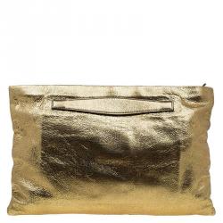 Pre Owned Prada Gold Crackled Leather Oversized Clutch