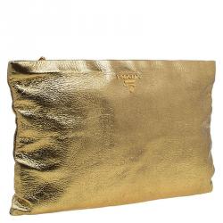 Pre Owned Prada Gold Crackled Leather Oversized Clutch