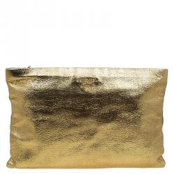 Pre Owned Prada Gold Crackled Leather Oversized Clutch